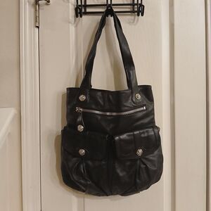 Y2K Rough Roses Black Leather Slouchy Handbag Silver Tone Roses Whimsygoth